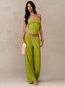 SHEIN BAE Olive Green Textured Woven Low Waist Elastic Waist Pocket Wide Leg Pants, Suitable For Beach, Summer, Casual - Olive Green - View 4