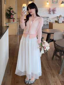 DAZY Women's Pink Soft & Sweet Ruffled Hem Korean Style Long Sleeve Knit Sweater - Baby Pink - View 5