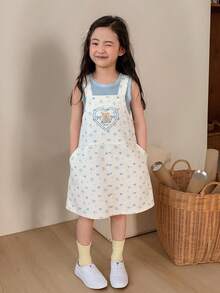 DAZY Vestido de peto vaquero informal con bolsillo, estampado floral y lazo para niña - Beis - Ver 3