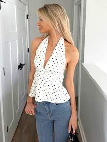 Sydney Algeri Women's Halter Deep V-Neck Ruched A-Line Backless Polka Dot Camisole - White - View 1
