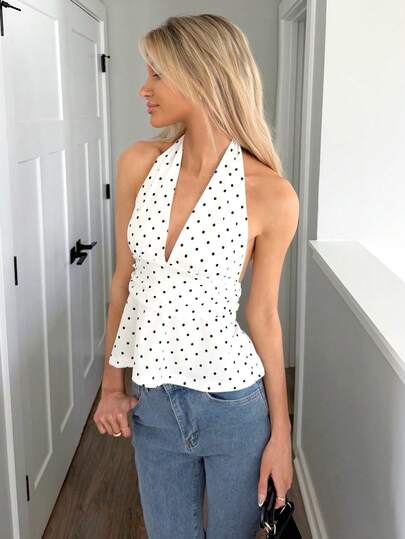 Sydney Algeri 女式露背深V领褶饰A字形露背波尔卡圆点吊带背心