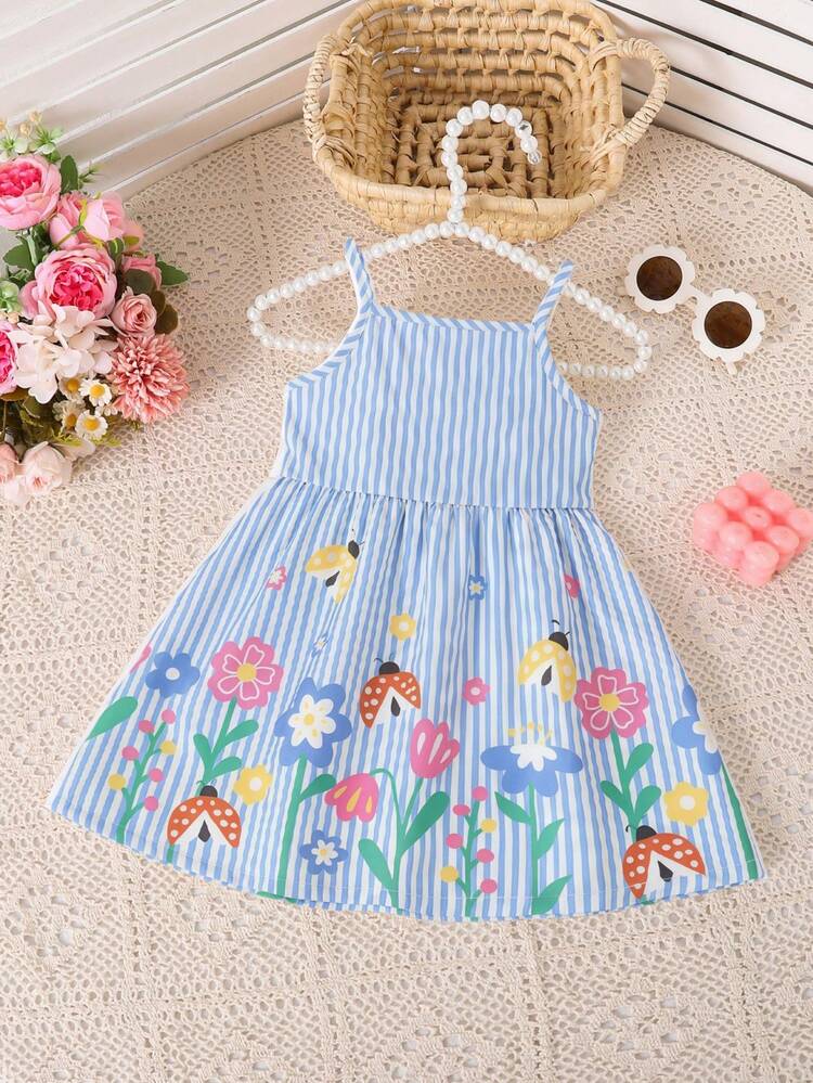 Vestido de tirantes finos con estampado floral y de plantas, a rayas, para niña pequeña, primavera/verano. Ligero y cómodo para usar en casa o al aire libre, versátil para fotografía y uso diario. Ropa para niñas, vestido para niña pequeña, regalo - Multicolor - Añade 5