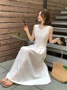 DAZY Women's Solid Color Collar Two Pieces Vacation Set - White - View 4