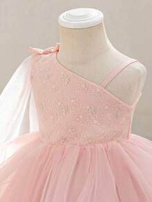 Glamorique Kids 花童生日派对婚礼节日礼服，女婴公主蕾丝缎面薄纱蓬蓬裙，薄纱缎带不对称蝴蝶结设计，适合正式场合、舞台表演、钢琴演奏、派对、拍照、夏季，欧美风格 - 粉色 - 查看 7