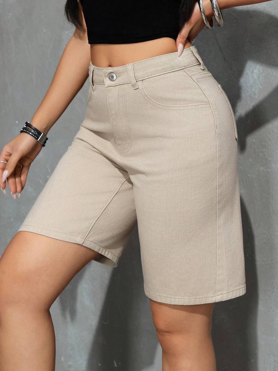 Rivivi Quần short Bermuda denim cạp cao có túi dành cho nữ - Màu Xám nhạt - Xem 1