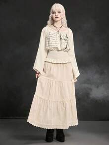 ROMWE Goth Blusa suelta semitransparente con estampado de espada, de manga acampanada, ajustada a la cintura y con hombros descubiertos, de estilo gótico vintage para mujer - Blanco - Ver 6