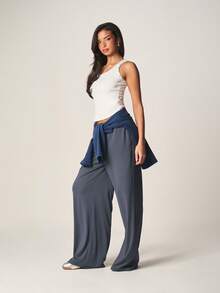 MISSGUIDED Quần jogger ống rộng kẻ sọc dành cho nữ, kiểu palazzo, có dây rút, cạp chun, dáng rộng thoải mái, thích hợp mặc ở nhà. - Xanh đậm - Xem 3