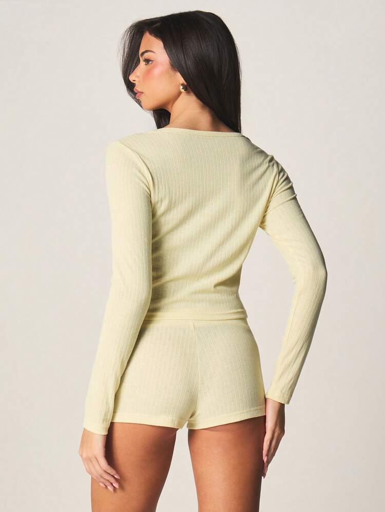 MISSGUIDED 골지 니트 헨리 긴팔 크롭 탑과 하이라이즈 반바지 코디 라운지 세트 버튼 디테일