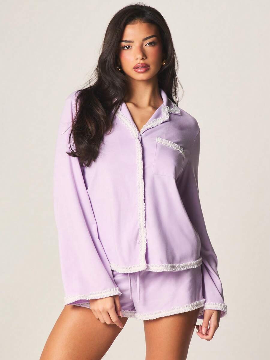 MISSGUIDED Lace Trim Long Sleeve Button Front Shirt And Short Pajama Set Sleepwear Nightwear Lounge Wear - Mauve Purple - View 1