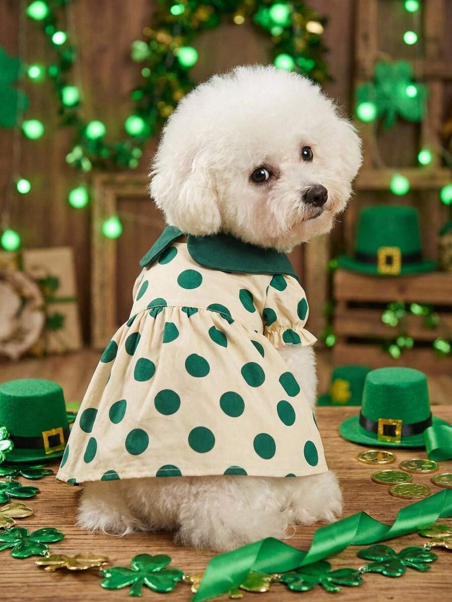 PETSIN St. Patrick's Day Green Polka Dot Ruffle Collar Princess Dress, Pet Tutu Dress - Green - View 1