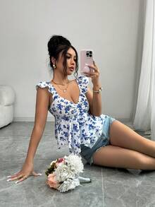 Rafferiza 女士时尚优雅小碎花印花短袖不对称下摆度假T恤，春秋季 - 藍色 - 查看 3