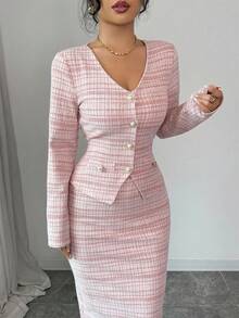 Elenzga Elegant Commuter Chic Elastic Tweed Silver Thread Texture Suit, Pearl Button Cardigan V-Neck T-Shirt Slim Fit + Elastic Waist A-Line Skirt, Women 2-Piece Set, Autumn/Winter - Multicolor - View 2