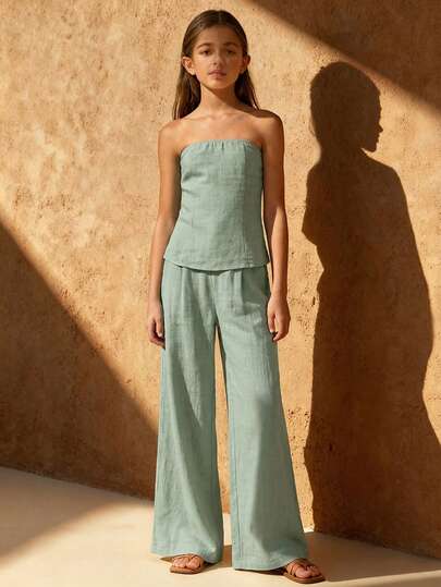 Travachic KIDS Tween Girl Elegant Solid Color Tube Top And Pants Set