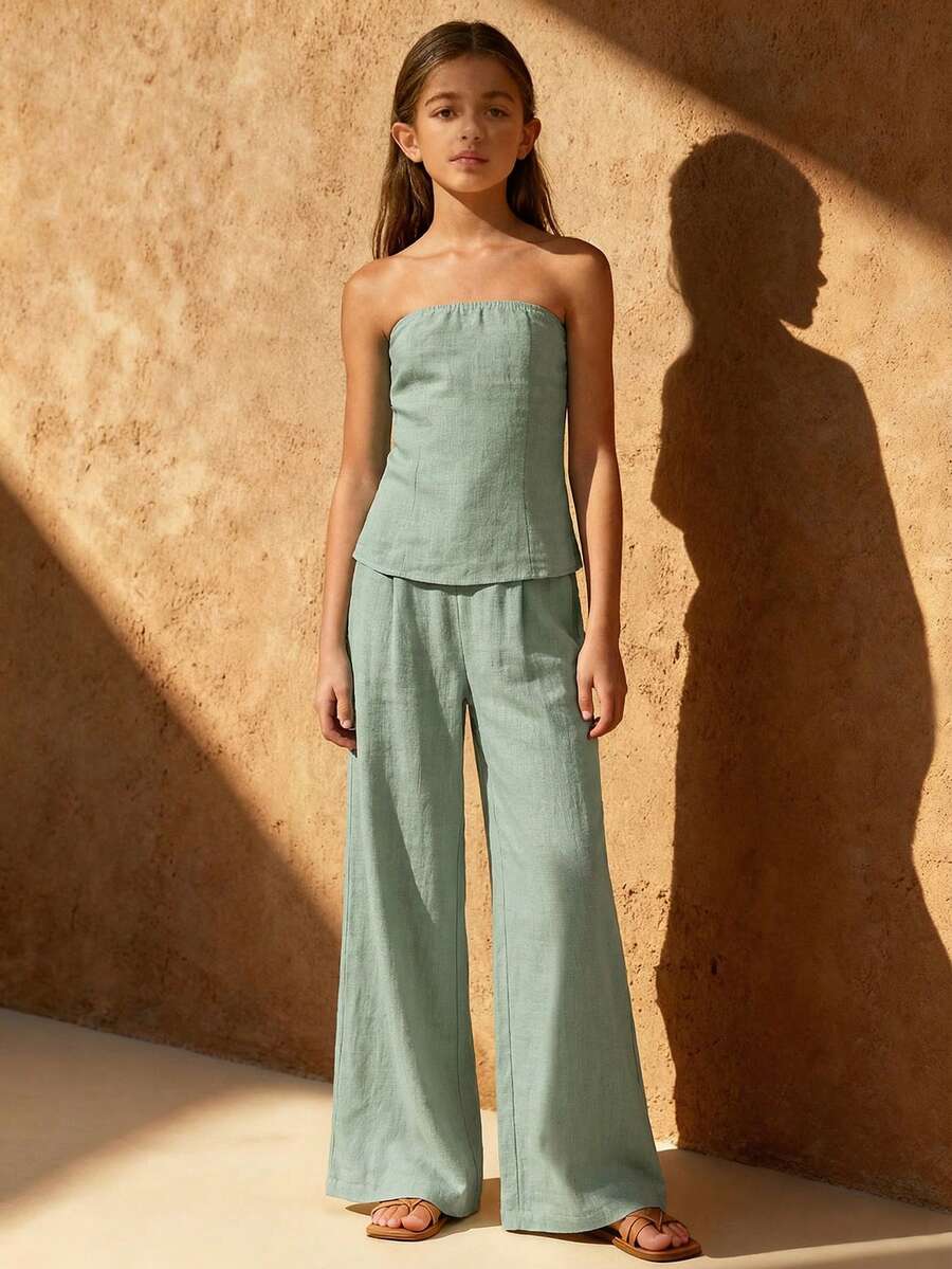 Travachic KIDS 少女优雅纯色抹胸上衣和裤子套装 - 薄荷綠 - 查看 1