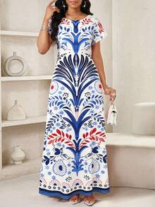 SHEIN Lady 女士度假植物印花圆领短袖休闲连衣裙 - 彩色 - 查看 3