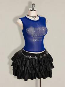 SHEIN ICON Y2k 夏季黑色网纱透视性感水钻亮片女士水钻字母网纱露背紧身吊带背心 - 寶藍色 - 查看 8