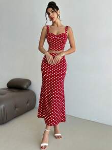 Firerie 波西米亚风女士两件套波点套装，优雅浪漫吊带露脐上衣搭配高腰长裙，休闲通勤、复古时尚、度假、婚礼宾客、返校、海滩装扮、机场造型 - 紅白色 - 查看 4