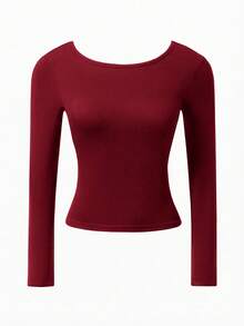 Nuvra Suéter negro de mujer con espalda descubierta y sujetador acolchado 2 en 1, manga larga, camiseta sexy y versátil de cuello redondo, otoño/invierno - Burdeos - Ver 6