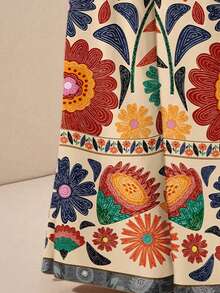 Zivah Estilo de vacaciones casual Conjunto de 2 piezas de top de tirantes finos y pantalones de pierna ancha con bolsillos, con estampado geométrico retro, de tela texturizada, adecuado para vacaciones - Multicolor - Ver 8