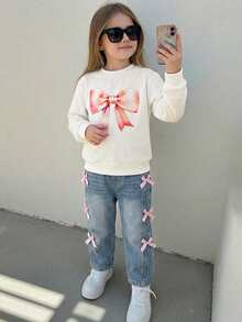 Girls' Long Sleeve T-Shirt With Cute Bow Print & Blue Straight Leg Jeans,Back-To-School Casual Light Pink Outfit,Autumn School Relaxed Fit Set - Multicolor - View 3