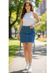 Falda de Mezclilla Tipo Cargo - Azul lavado medio - Ver 2