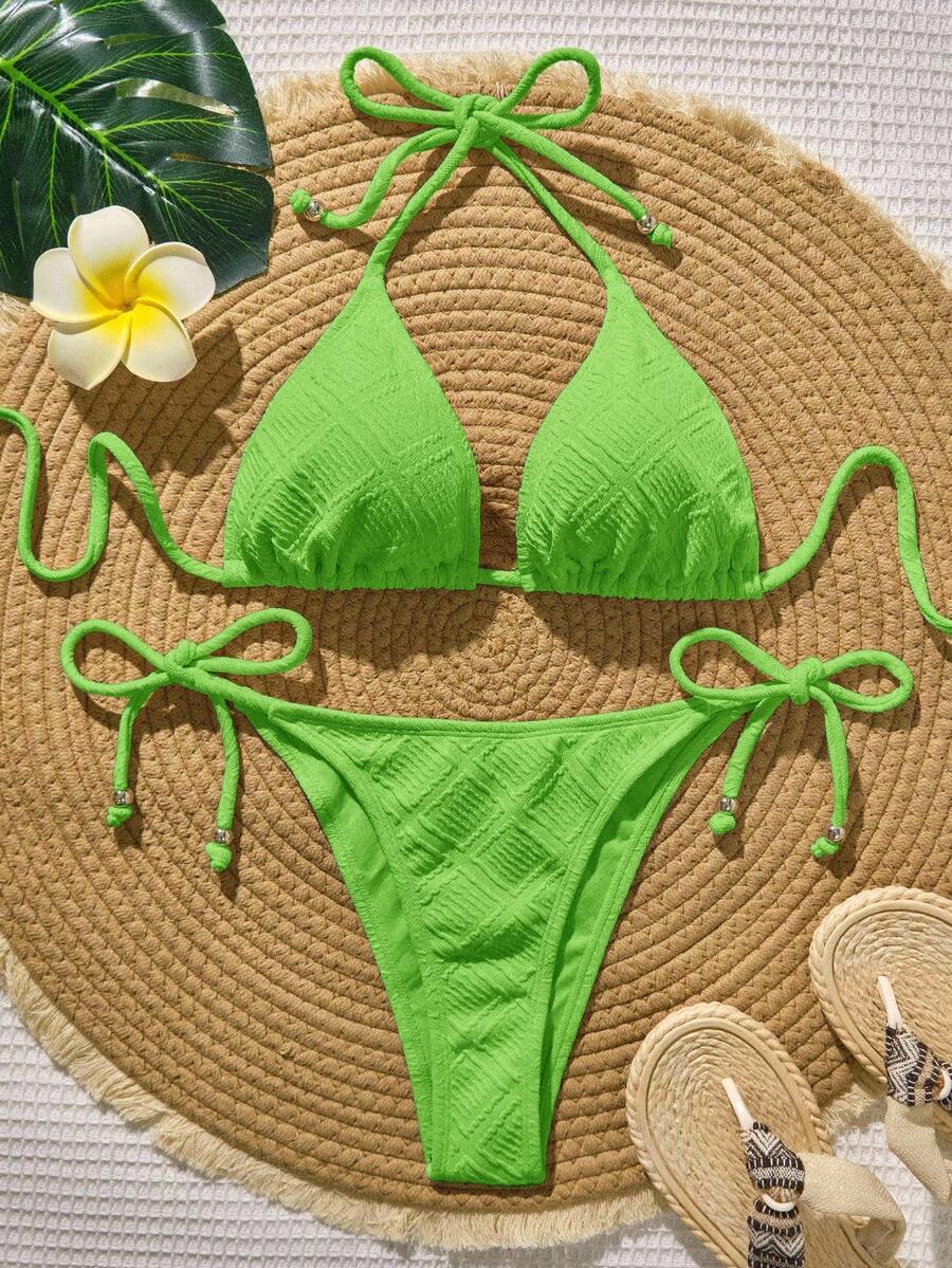 Swim Vcay Conjunto de bikini de unicolor para vacaciones en la playa - Verde militar - Ver 1