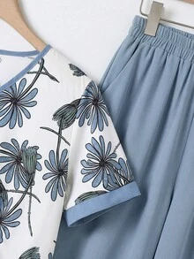 Rusticease Blusa Elegante Plissada de Decote em V de Manga Curta em Cor Damasco para Mulheres - Azul Empoeirado - Visão 5
