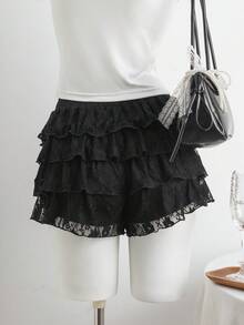 SHEIN Váy ngắn ren xếp lớp màu đen phong cách đường phố thường ngày dành cho bé gái tuổi teen. - màu đen - Xem 4