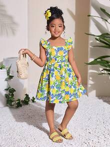 女童柠檬印花镂空蝴蝶结腰部休闲连衣裙，时尚百搭，适合派对、郊游、姐妹合照、公园、露营、度假、日常休闲穿着 - 黃色 - 查看 5