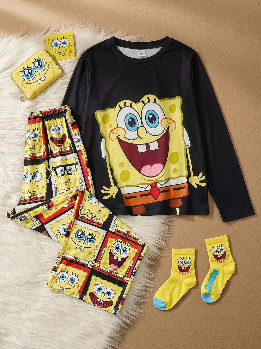 SpongeBob SquarePants | SHEIN Tween Boy Cartoon Print Top And Pants Pajama Set - Black - View 1