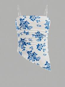 Girlism Tween Girls Floral Print Ruched Hem Cropped Cami Top With Sheer Straps & Layered Cute Mini Skirt 2 Pieces Set - Blue and White - View 4