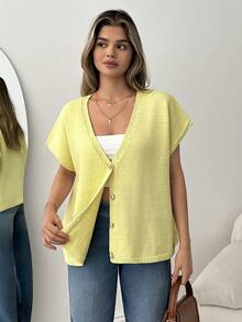 EURMUSE Shimmering Sequin Knit V-Neck Loose-Fit Cardigan - Yellow - View 5