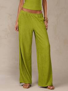 SHEIN BAE Olive Green Textured Woven Low Waist Elastic Waist Pocket Wide Leg Pants, Suitable For Beach, Summer, Casual - Olive Green - View 1