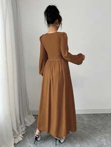 Mulvari Women's Woven Yellow Square Neck Ruffle Tie Waist Button Front Dress - Mocha Brown - View 2