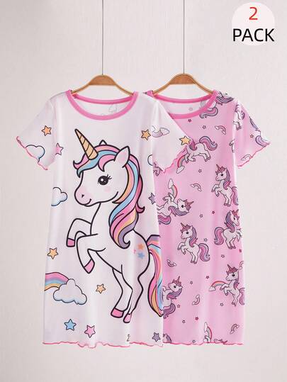 2pcs Young Girls' Unicorn, Cloud, Rainbow & Star Print Colorful Short Sleeve Mid-Length Nightgown, Contrast Ruffle Hem & Cuff, Soft & Stretchy, Comfortable Fit, Suitable For Summer Unicorn Pajamas