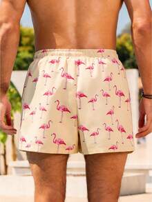Zalmeno Shorts de playa con cintura elástica y cordón con estampado de flamencos para hombres - Caqui - Ver 2