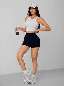SHEIN PETITE 夏季混色針織單車短褲，小碼女款 - 寶藍色 - 查看 4