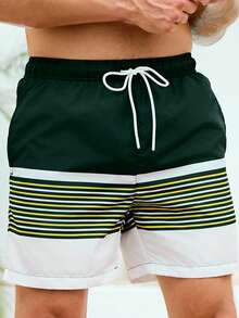 Manfinity KASUA Men's Striped Elastic Waist Drawstring Casual Beach Shorts, Versatile For Summer - Dark Green - View 3