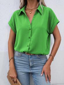 EMERY ROSE Women's Solid Color Batwing Sleeve Single-Breasted Casual Shirt - Green - View 4