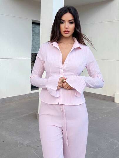 Maca Silvats White Anti-Wrinkle Striped Button Front Shirt Collar Long Sleeve With Ruffle Cuffs Fitted Blouse, Fashionable Minimalist Office Casual Elegant Everyday Versatile For Women, Spring/Summer Fall Cloth For Women