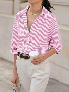 Poéselle 條紋印花落肩袖襯衫 - 粉色 - 查看 5