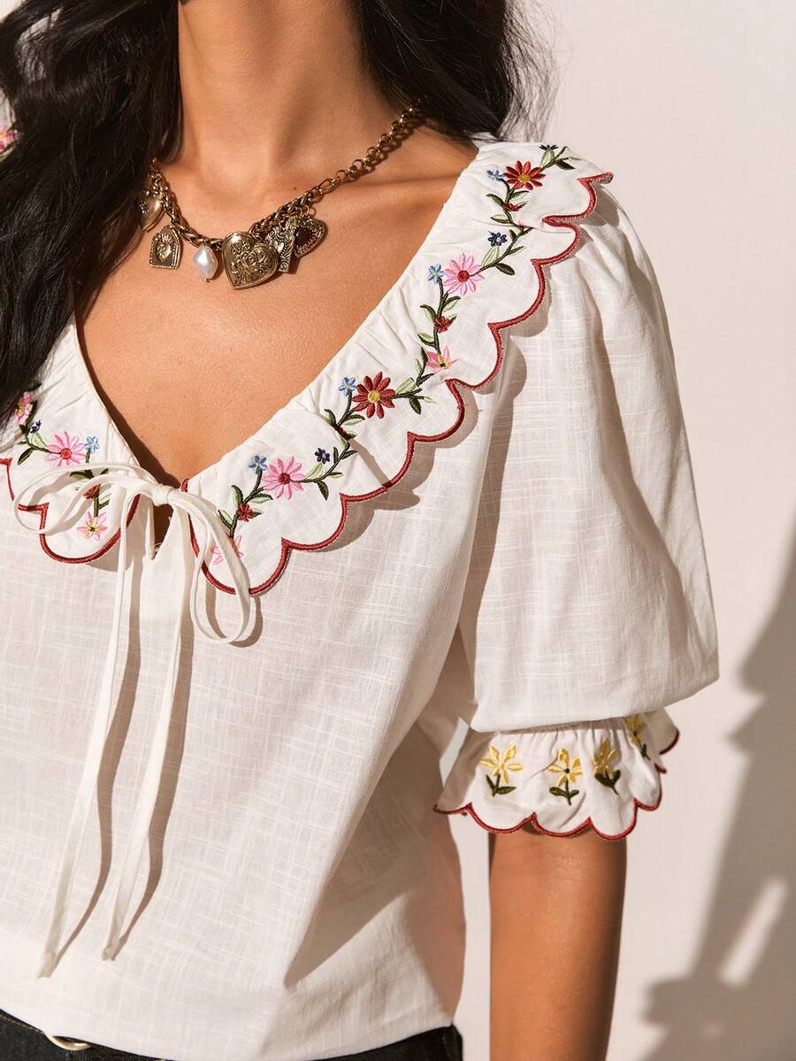 Poéselle Áo sơ mi cotton tay ngắn thêu hoa dành cho nữ, kiểu dáng thường ngày, dễ thương, thích hợp mặc đi chơi, thanh lịch, đi nghỉ mát, đi biển, mùa hè, phù hợp cho mặc hàng ngày, công sở và đi nghỉ mát, mùa xuân/hè. - trắng - Xem 1