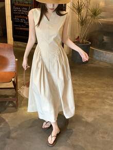 DAZY 女士独特V领无袖中长连衣裙，优雅韩式风格 - 白色 - 查看 4