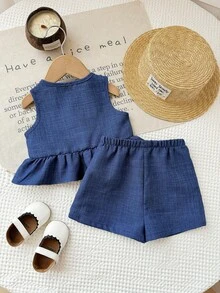 SHEIN LMoss Kids LMoss 嬰兒女童圓領蝴蝶結裝飾荷葉邊上衣與短褲套裝，休閒可愛純色極簡風海軍藍套裝，嬰兒女童夏季款 - 藍色 - 查看 2