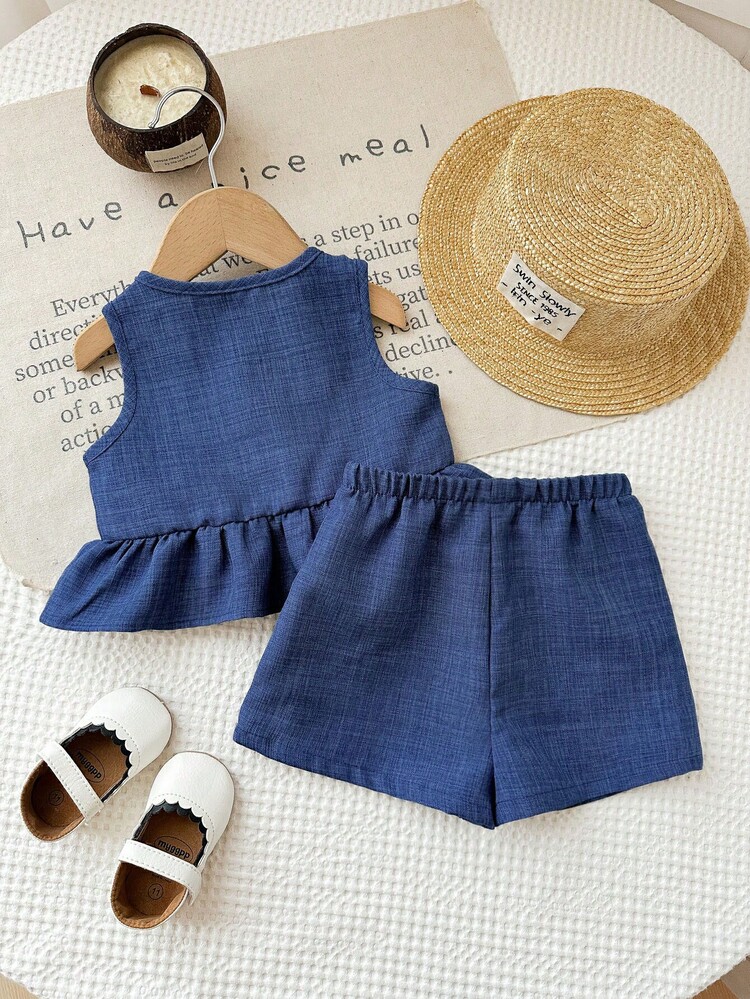 SHEIN Baby Girl Crew Neck Bow Decor Ruffle Hem Top And Shorts Set, Casual Solid Color Minimalist Style - Blue - View 2