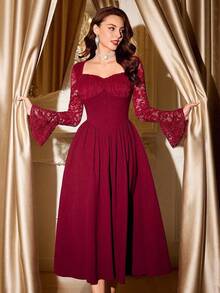Vintamour Elegant Burgundy Women's Vintage Midi Dress,Lace Patchwork Bodice Long Sleeve Autumn Dining Party Dress With Pockets,Valentine's Day Holiday Outfit - Burgundy - View 3