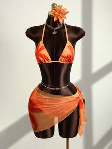 Zestiva Women's Floral Print Halter Tie Back Sexy Bikini 3-Piece Set, Beach Vacation - Orange - View 1