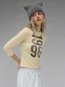 COUREZ Long Sleeve Jersey Top With Front Graphic Print /Y2K Long Sleeve Tops Going Out Tops Women Tops Winter Clothes For Women Blue Top Graphic Tees Women Cute Tops Summer Tops Summer Outfits - Pale Yellow - View 4