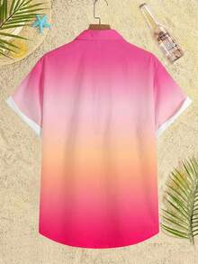 Genlund 男士大码渐变花卉印花纽扣短袖衬衫 - 粉色 - 查看 4