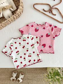 SHEIN 2pcs/Set Babygirl Cute Casual Versatile Strawberry & Cherry Print Short Sleeve T-Shirt - Multicolor - View 2